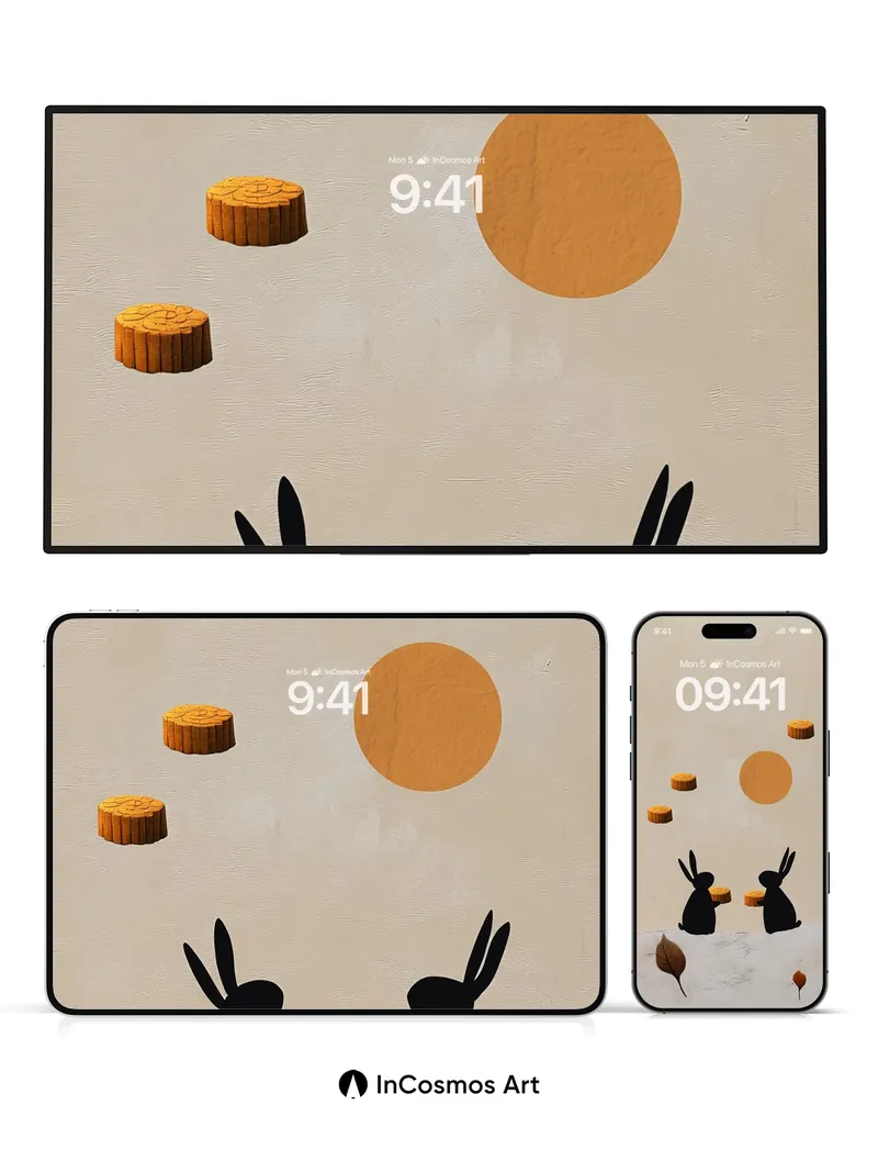 Serenity Moonlit Rabbit Wallpaper with Floating Stumps