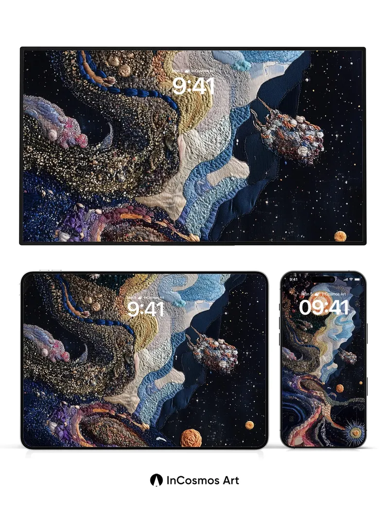 Cosmic Tapestry Wallpaper with Embroidered Stars