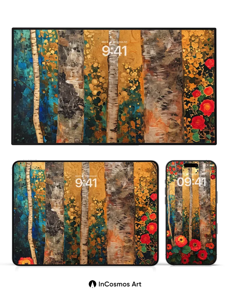 Golden Forest Wallpaper with Poppy Embrace