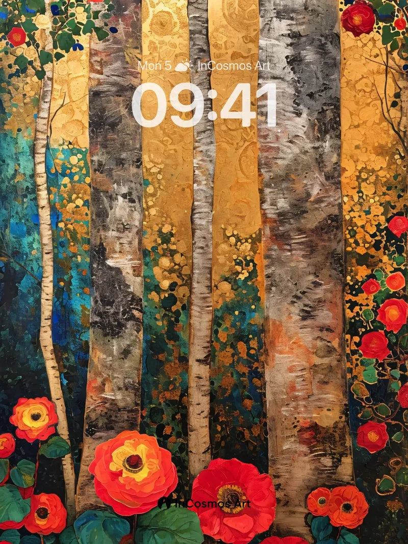 Golden Forest Wallpaper with Poppy Embrace