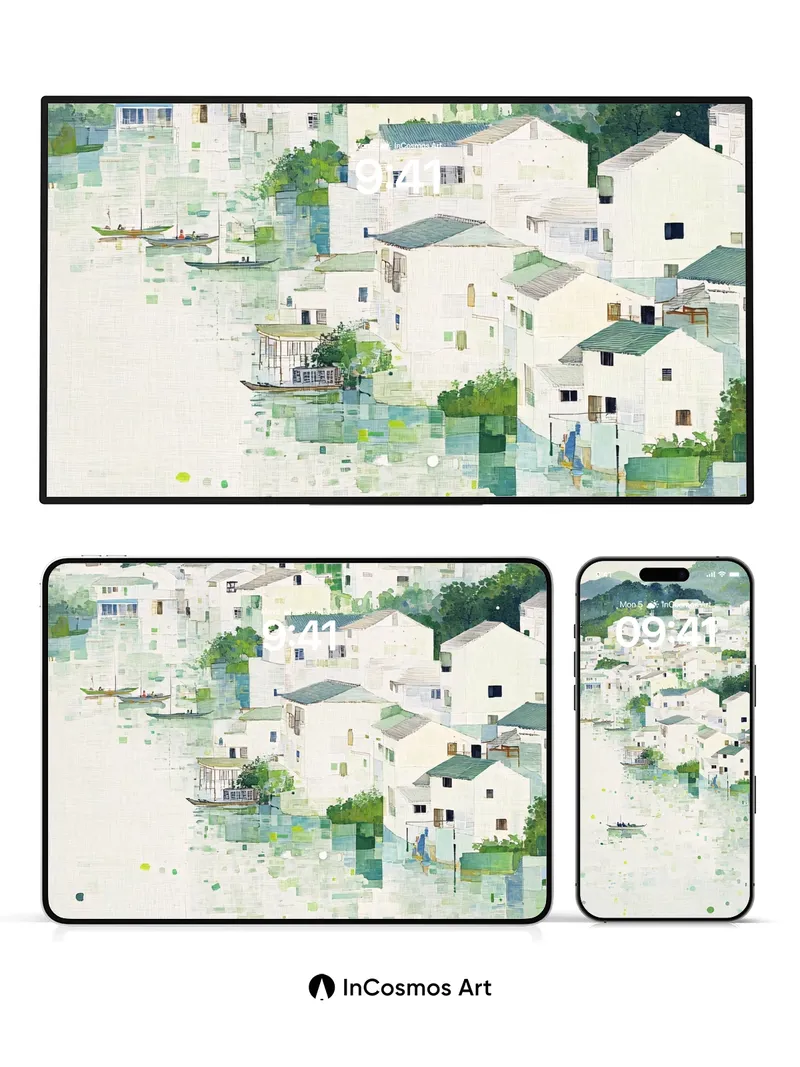 Serene Watercolor Village Wallpaper with Floating Light