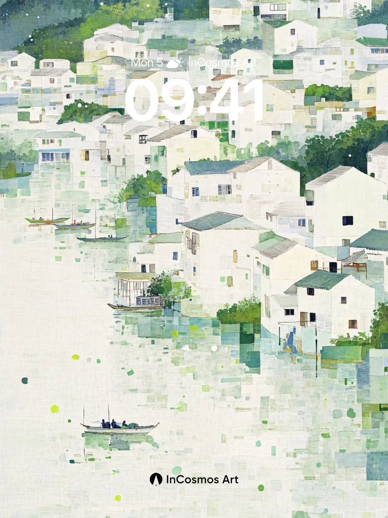 Serene Watercolor Village Wallpaper with Floating Light