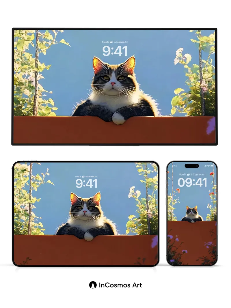 Serenity Meets Feline Gaze Wallpaper with Garden Frame