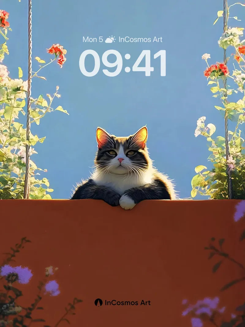 Serenity Meets Feline Gaze Wallpaper with Garden Frame