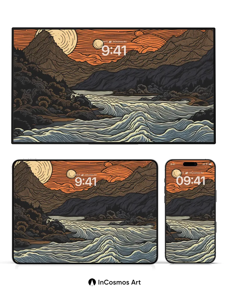 Crimson Horizon Wallpaper with Whispering Waves