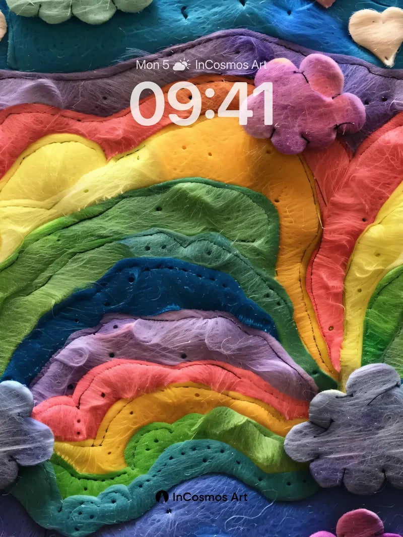 Whimsical Felt Rainbow Wallpaper with Floating Hearts wallpaper for iPhone, iPad & Mac