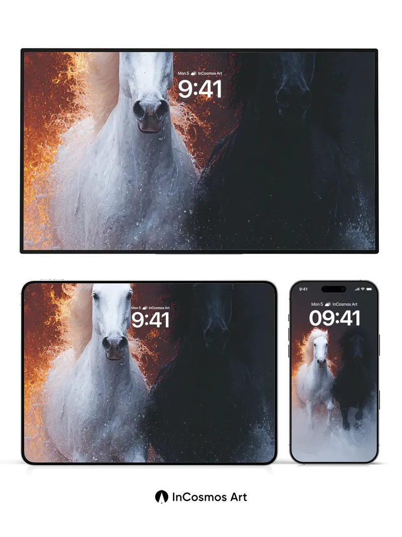 Flame and Shadow Wallpaper with Storm-Horse Duality