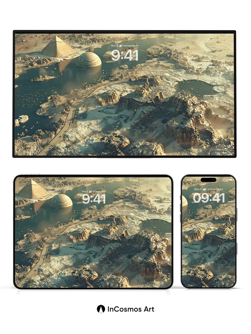 Desert Mirage Wallpaper with Floating Pyramids