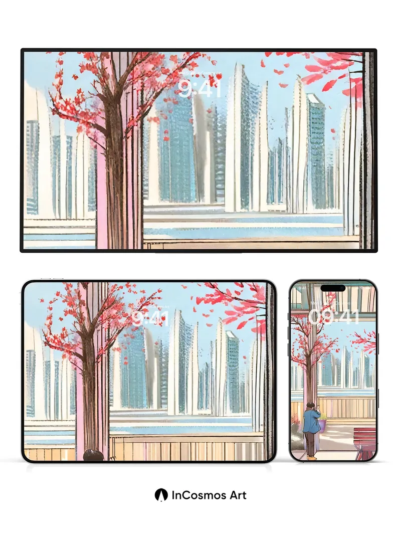 Serenity Bloom Wallpaper with City Silhouettes