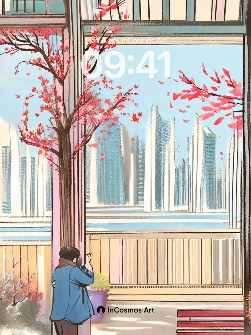 Serenity Bloom Wallpaper with City Silhouettes