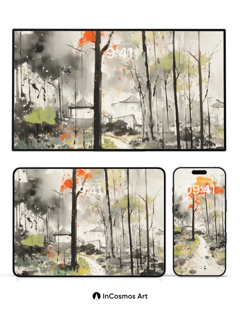 Autumn Whispers Wallpaper with Ink-Blot Trees