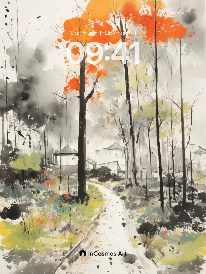 Autumn Whispers Wallpaper with Ink-Blot Trees