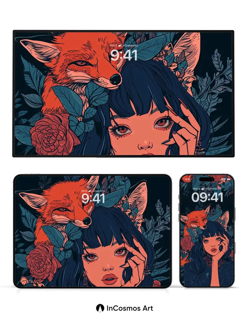 Midnight Bloom Wallpaper with Fox Whispers
