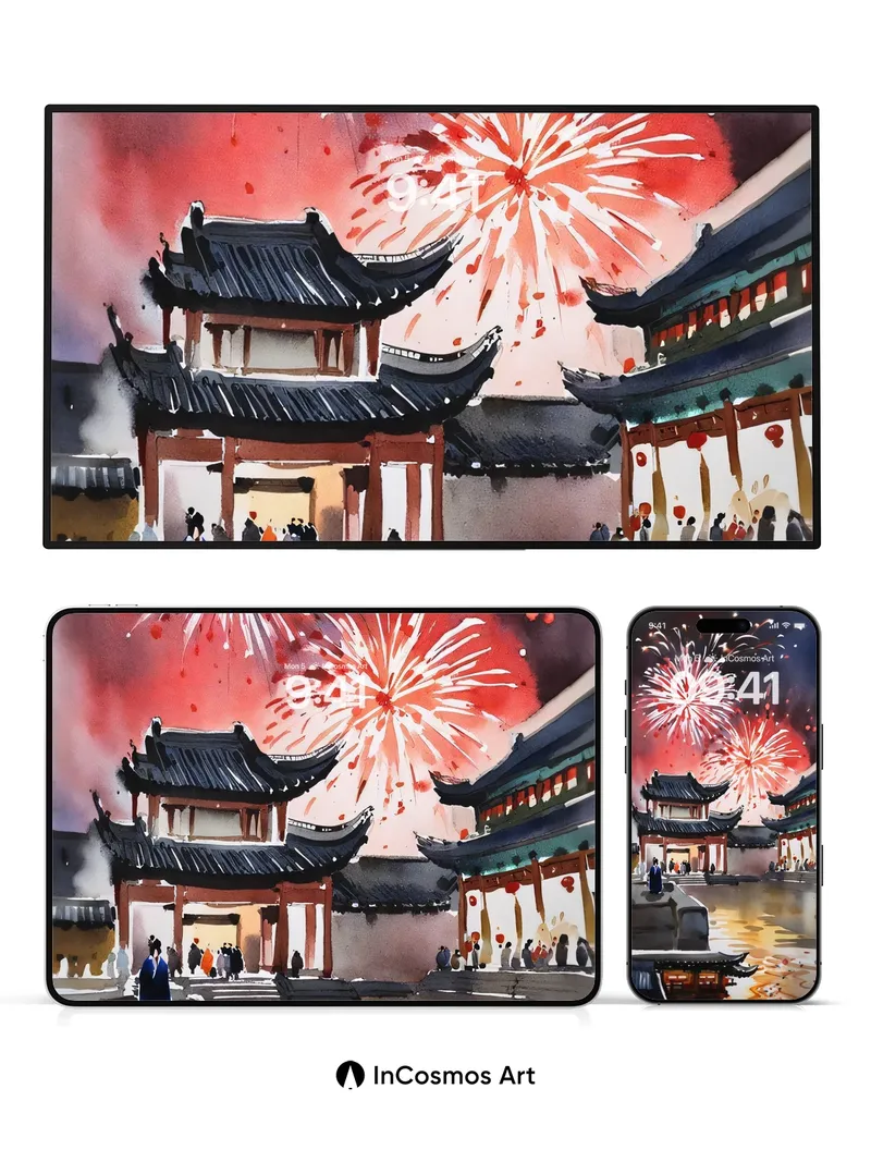 Firework Reverie Wallpaper with Ink-Washed Temples