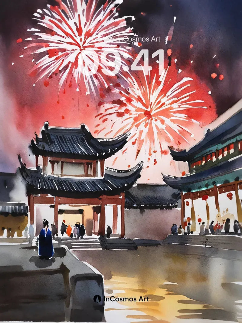 Firework Reverie Wallpaper with Ink-Washed Temples