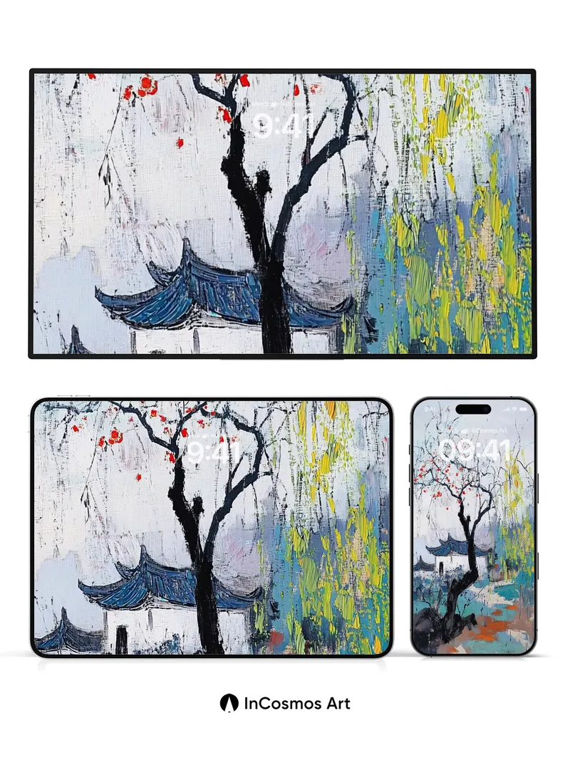 Serene Brushstroke Wallpaper with Ink-Tree Whispers