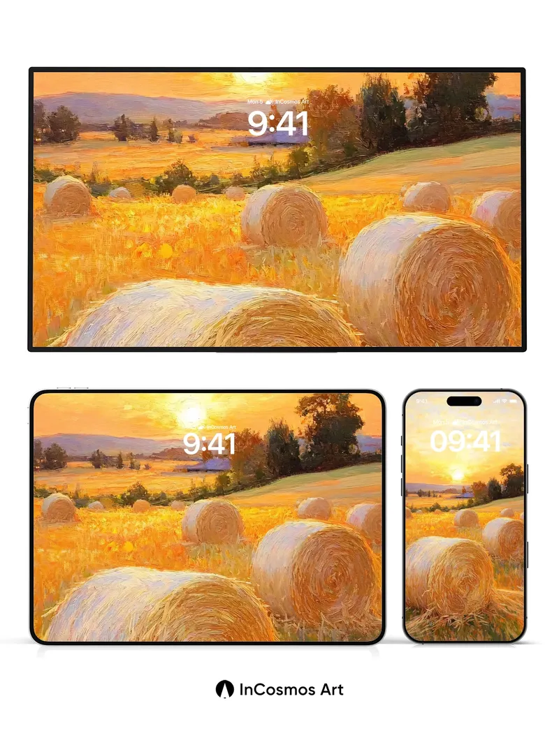 Golden Hush Wallpaper with Sunlit Hayrolls