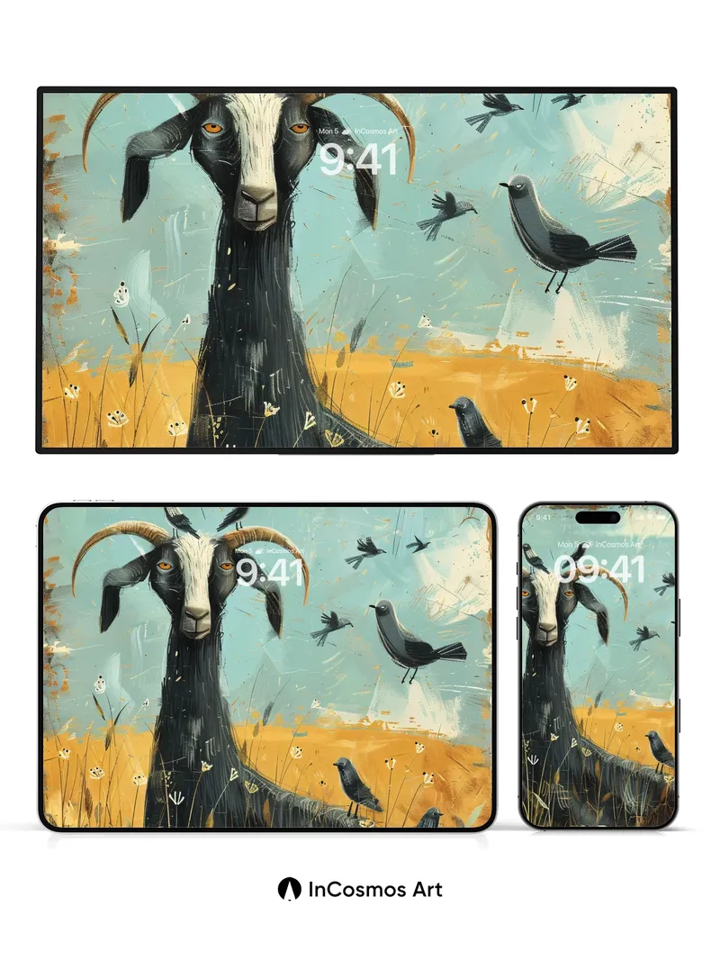 Surreal Meadow Wallpaper with Watchful Goat