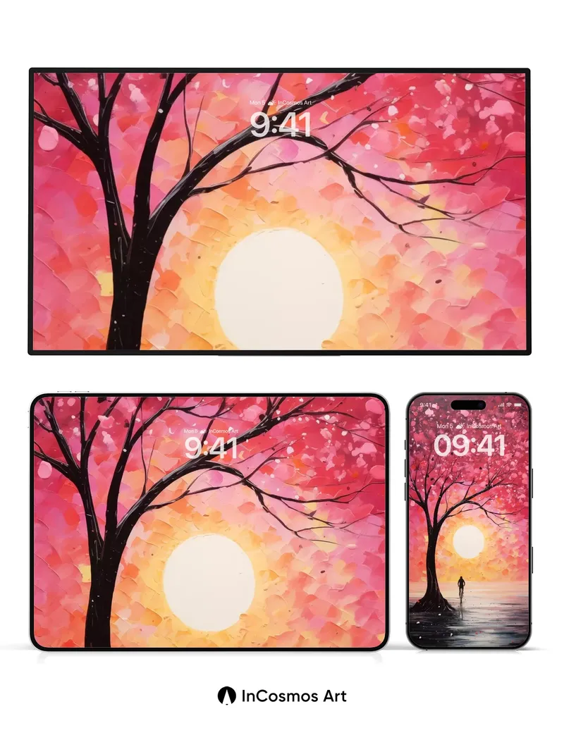 Surreal Sunset Wallpaper with Floating Petals