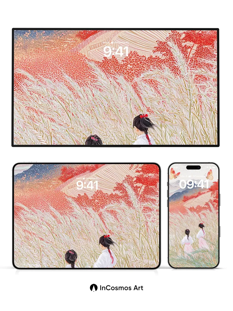 Serenity in Wheat Fields Wallpaper with Floating Butterflies