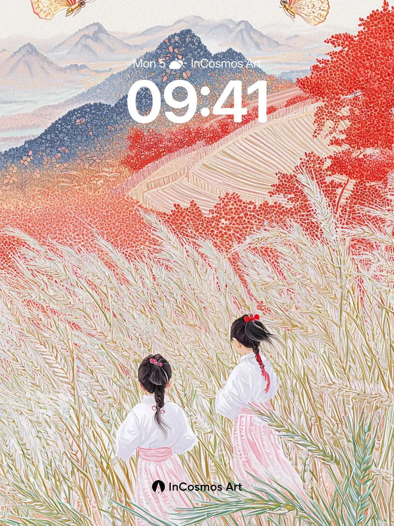 Serenity in Wheat Fields Wallpaper with Floating Butterflies