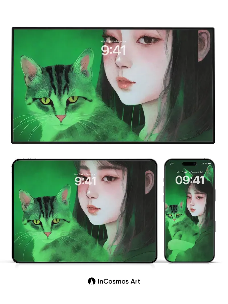 Emerald Hush Wallpaper with Feline Whispers