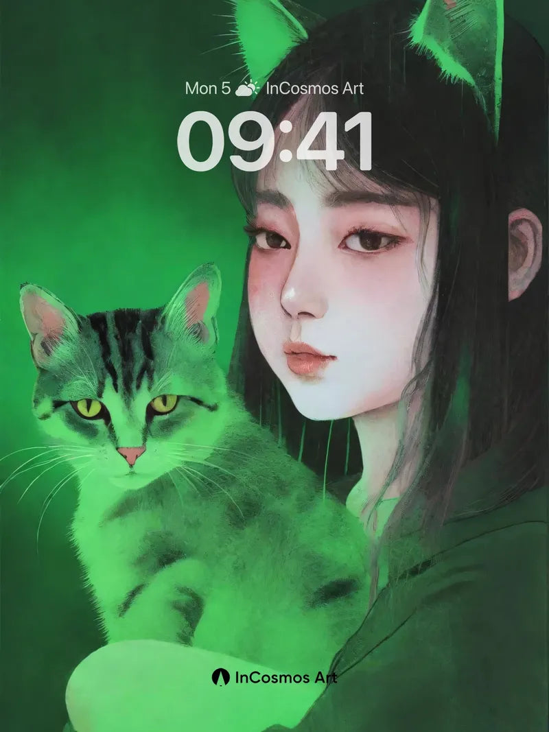 Emerald Hush Wallpaper with Feline Whispers