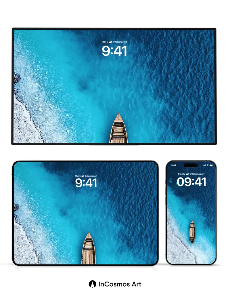 Serene Abyss Wallpaper with Wooden Boat Drift