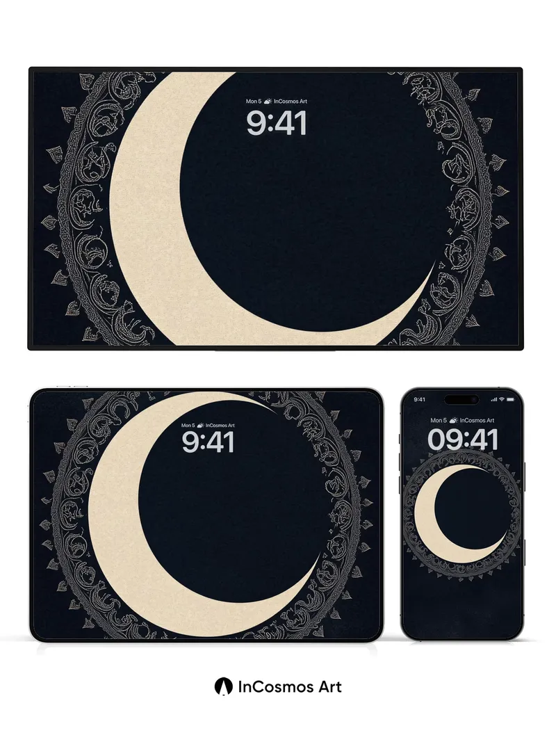 Nocturnal Crescent Wallpaper with Embroidered Circles