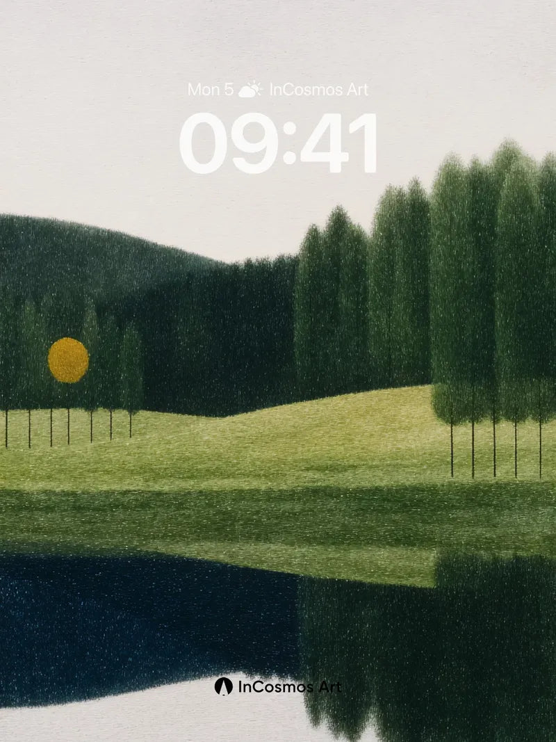Serene Forest Reflection Wallpaper with Golden Sun Disc wallpaper for iPhone, iPad & Mac