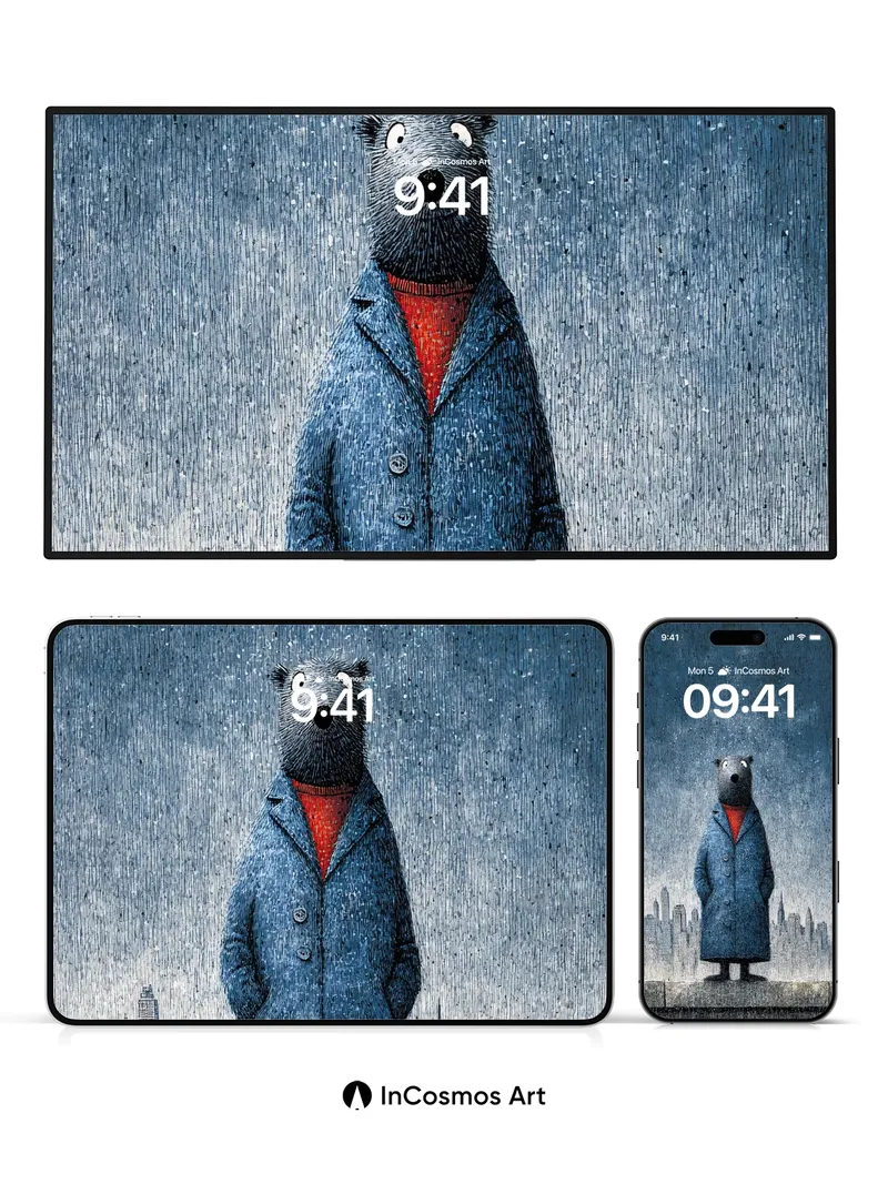 Lonely Bear Wallpaper in Rain-Soaked City