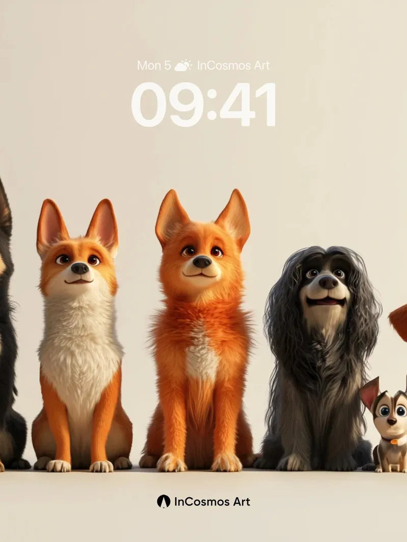 Whiskered Harmony Wallpaper with Animated Canine Lineup wallpaper for iPhone, iPad & Mac