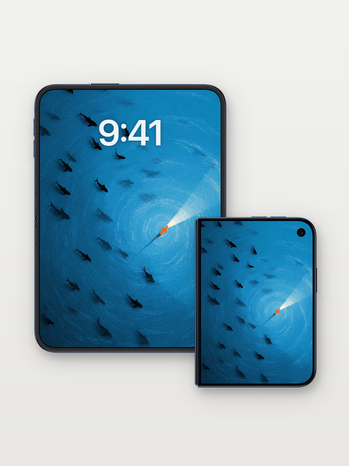 Deep Blue Abyss Wallpaper with Silent Currents on iPhone Duo, open and closed