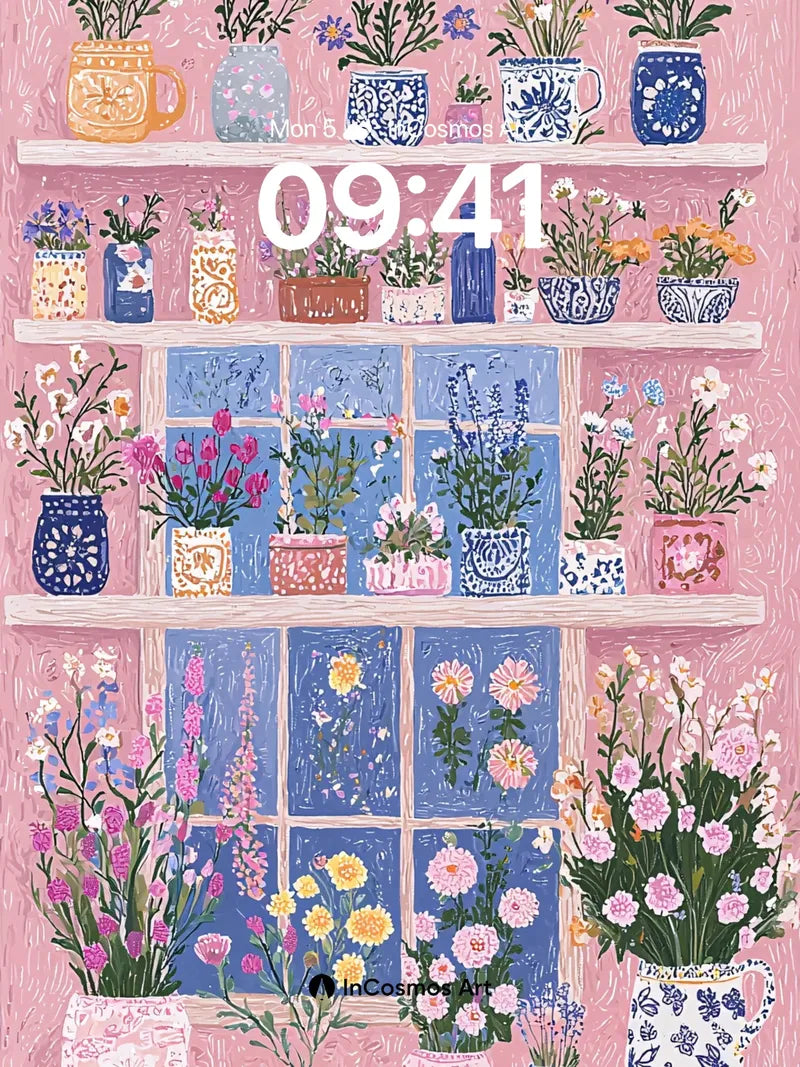 Whimsical Garden Wallpaper with Vintage Pots wallpaper for iPhone, iPad & Mac