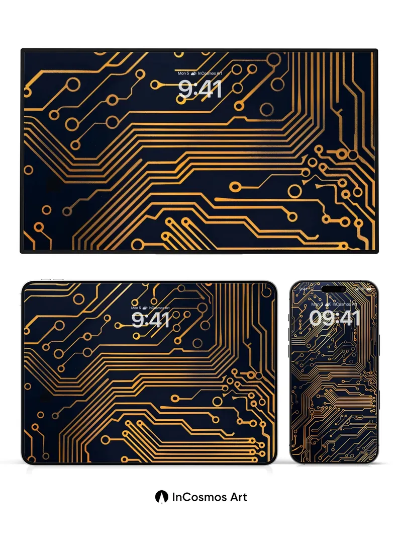 Golden Circuit Wallpaper with Electric Pulse