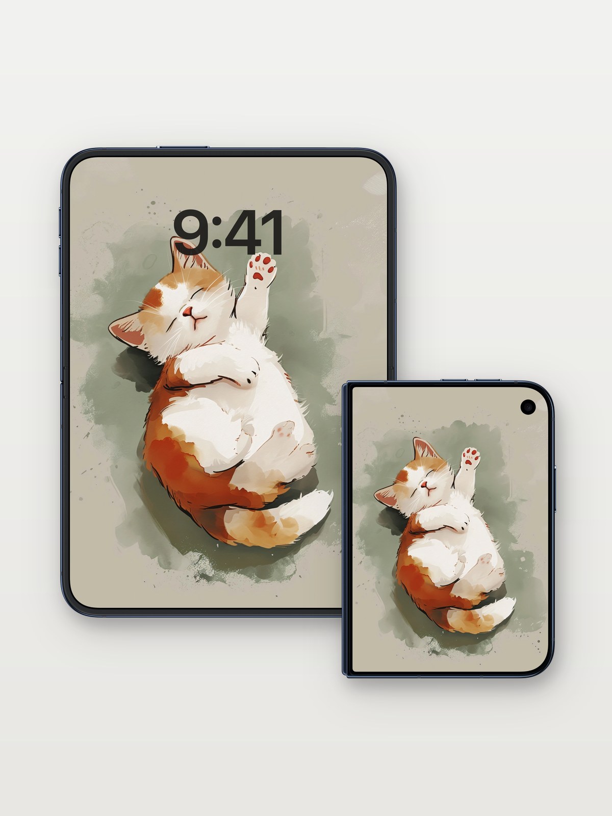 Serene Nap Wallpaper with Fluffy Paws on iPhone Duo, open and closed