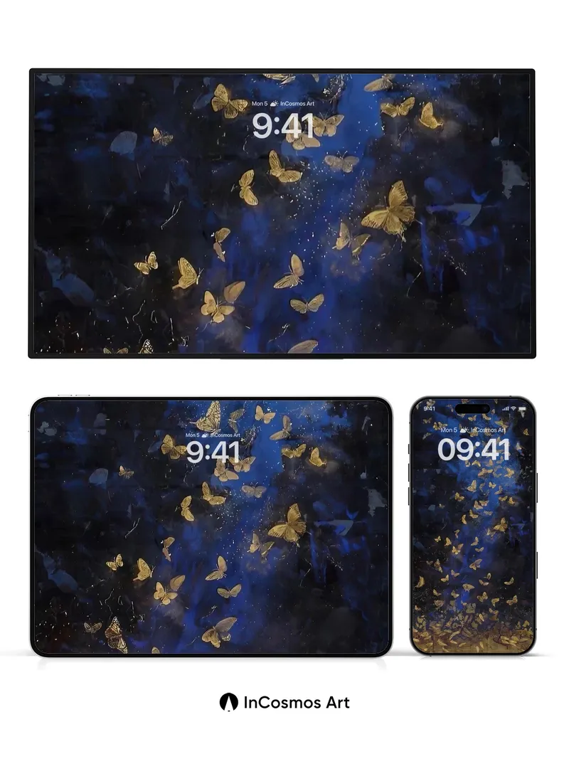 Midnight Alchemy Wallpaper with Golden Butterflies