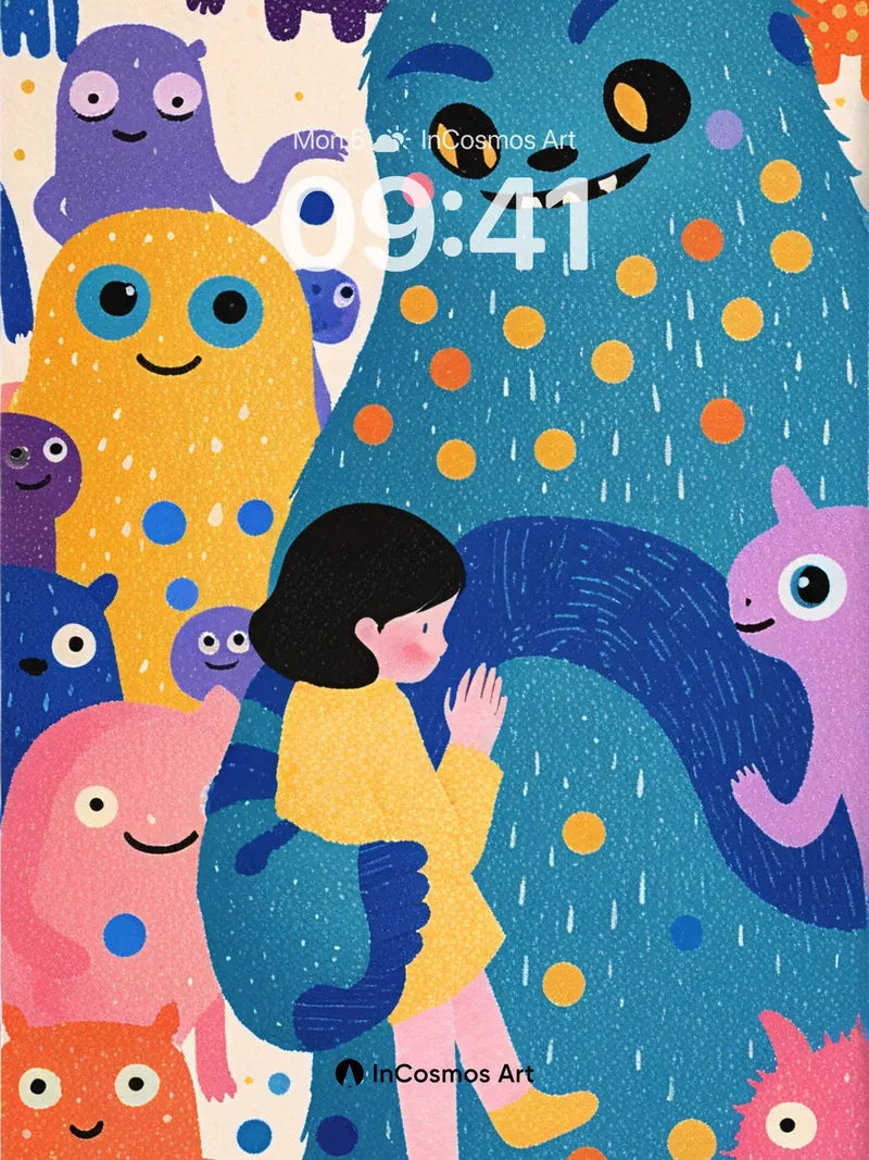 Whimsical Monster Playground Wallpaper with Polka-Dot Hugs wallpaper for iPhone, iPad & Mac