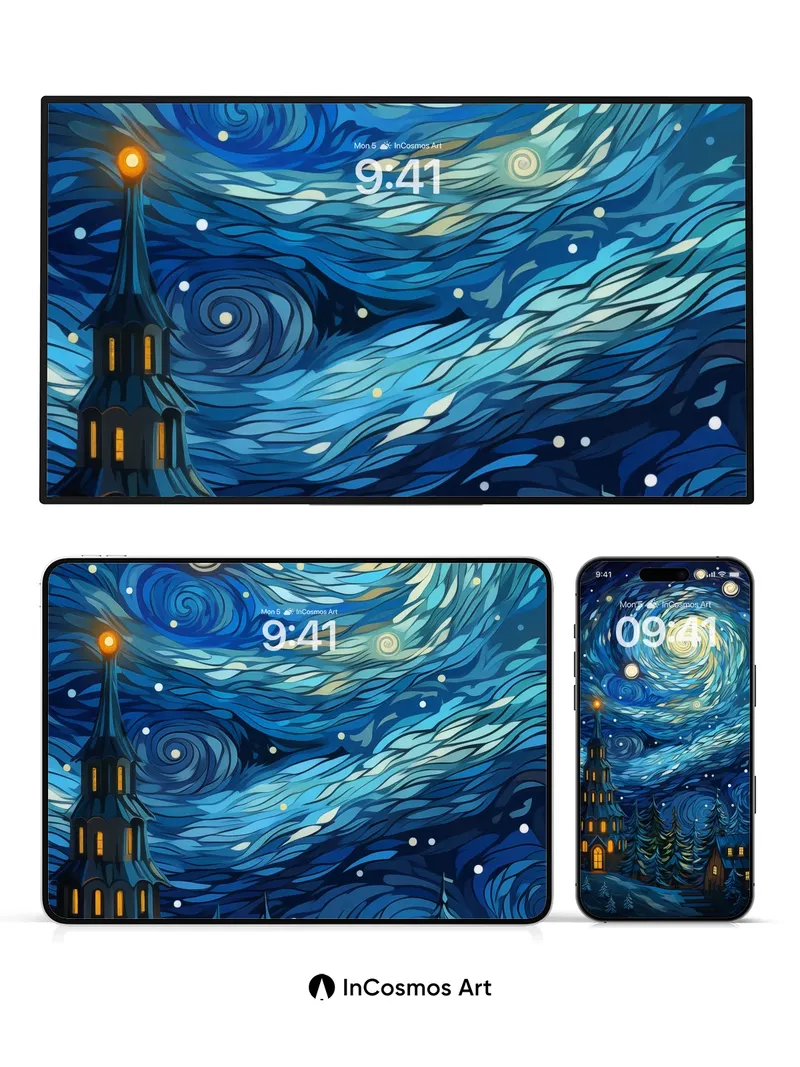 Whirlwind Night Sky Wallpaper with Glowing Spire