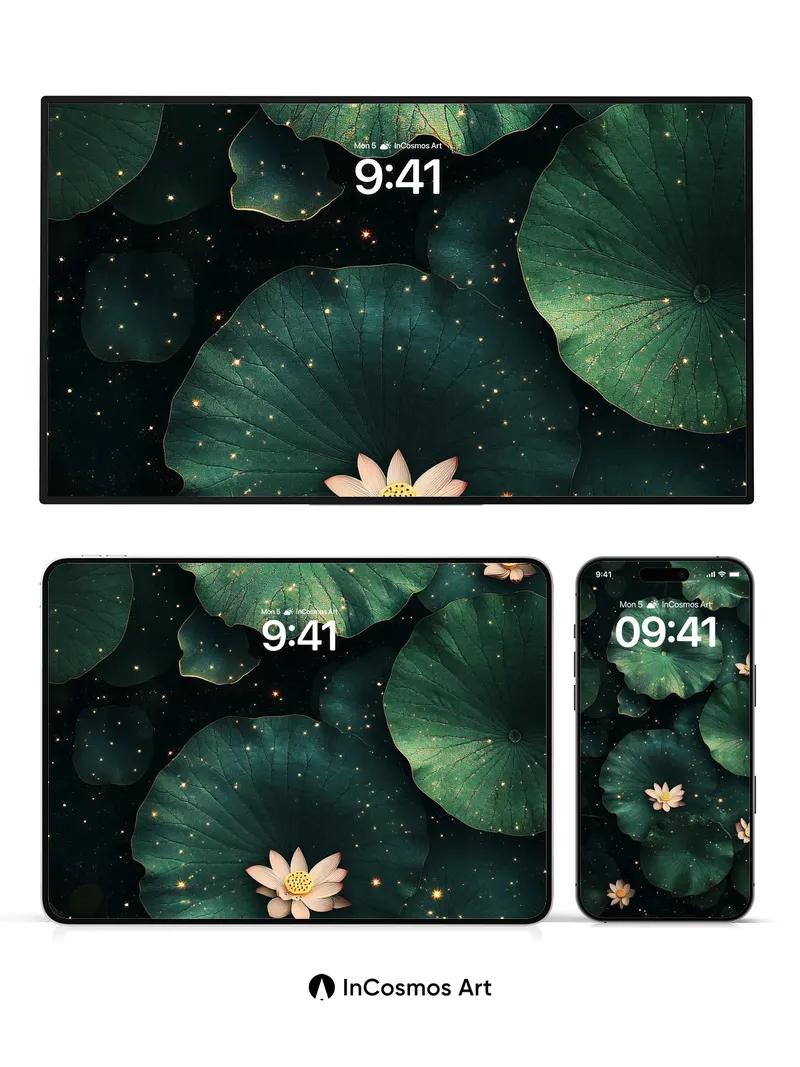 Stellar Lotus Wallpaper with Cosmic Leaves