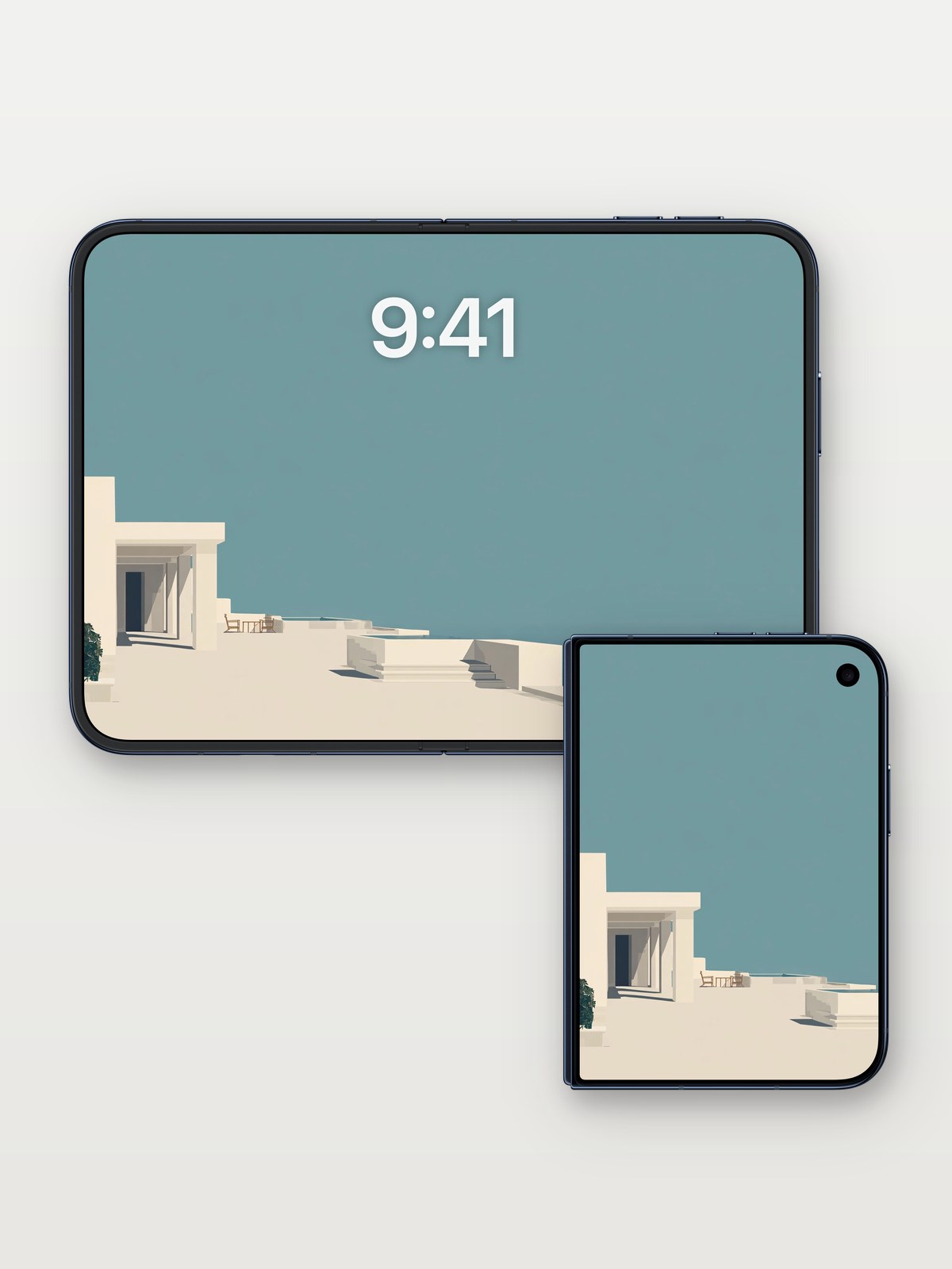 Tranquil White Coastal Structure Minimalist Wallpaper Background Summer Vibe on iPhone Duo, open and closed