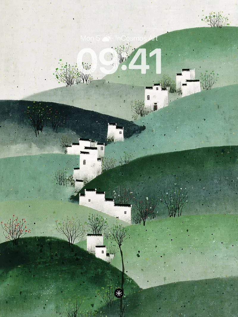 Serene Hillside Village Wallpaper in Ink Wash Tones wallpaper for iPhone, iPad & Mac