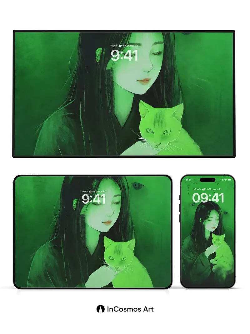 Emerald Hush Wallpaper with Whispering Cat