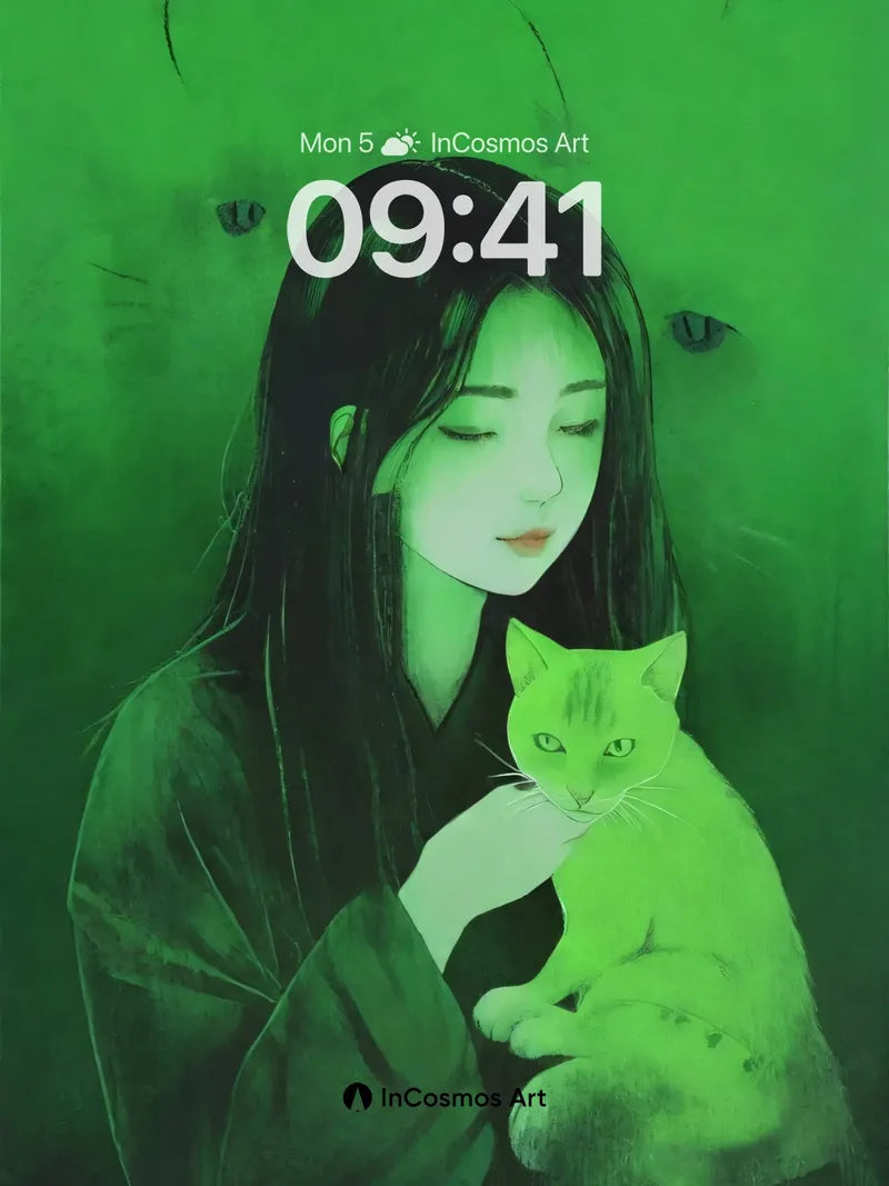 Emerald Hush Wallpaper with Whispering Cat wallpaper for iPhone, iPad & Mac