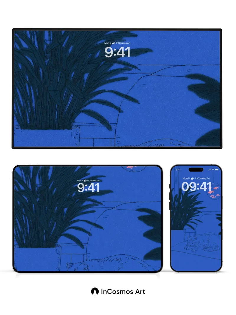 Calm Blue Hush Wallpaper with Sleeping Cat