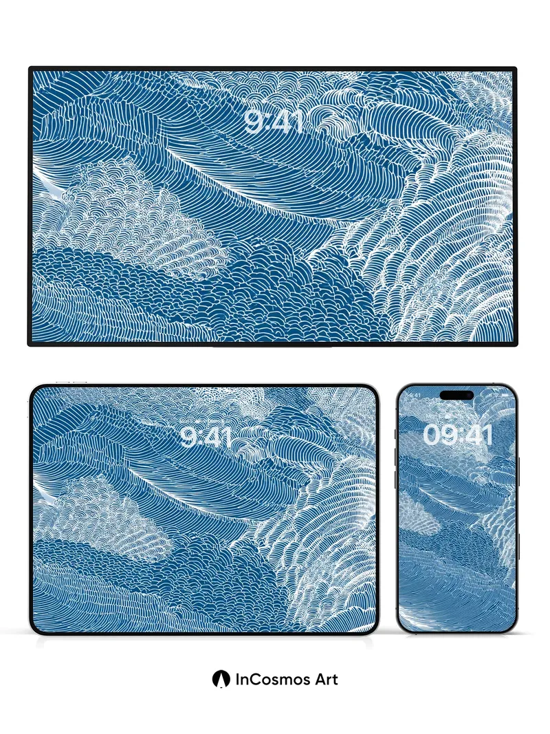 Calm Ocean Wave Wallpaper with Hokusai Lines