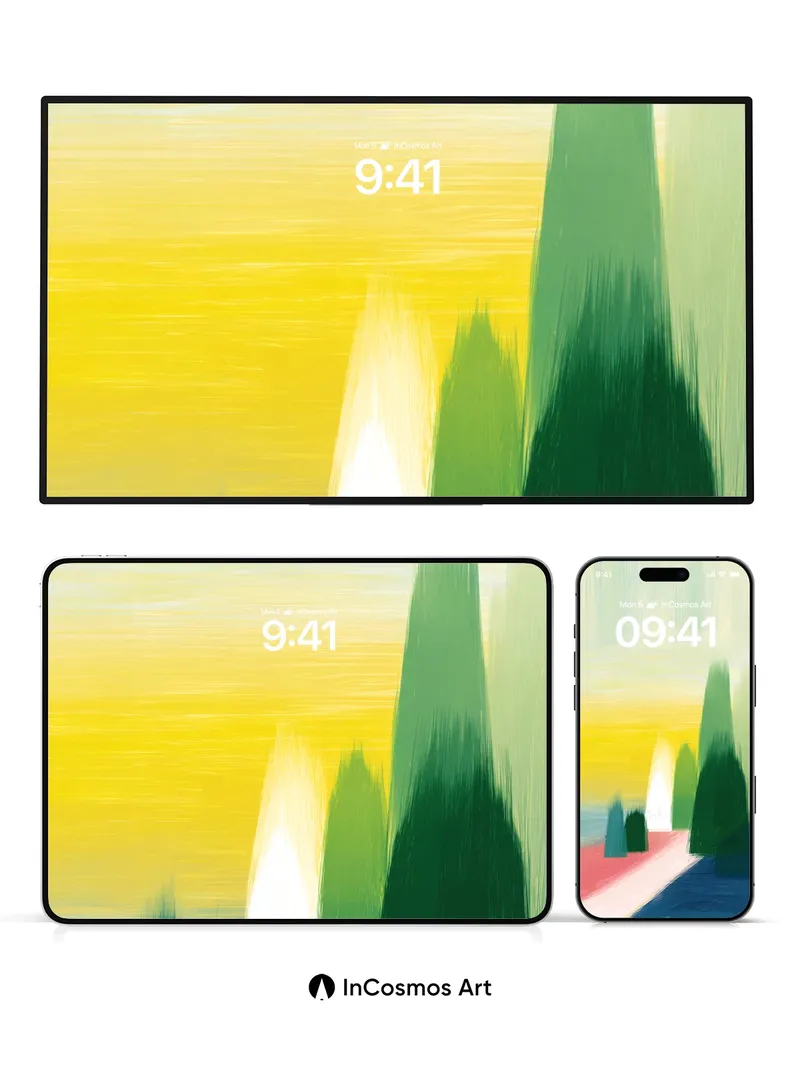 Sunset Hush Wallpaper with Painted Pines