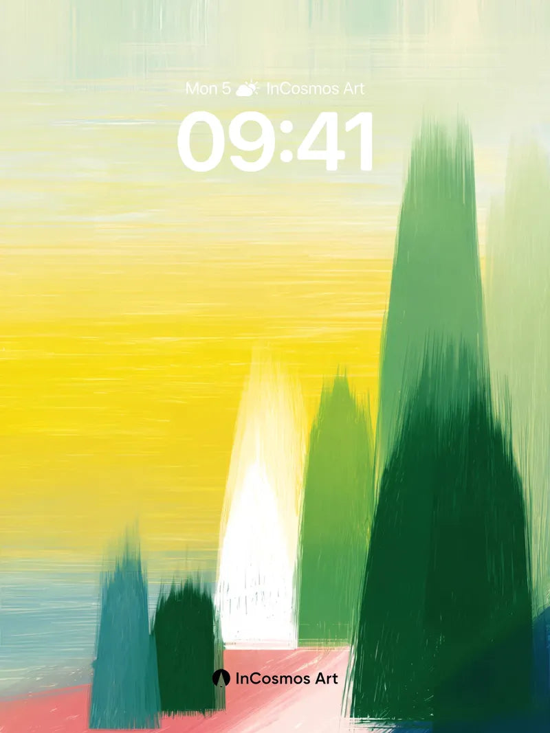 Sunset Hush Wallpaper with Painted Pines