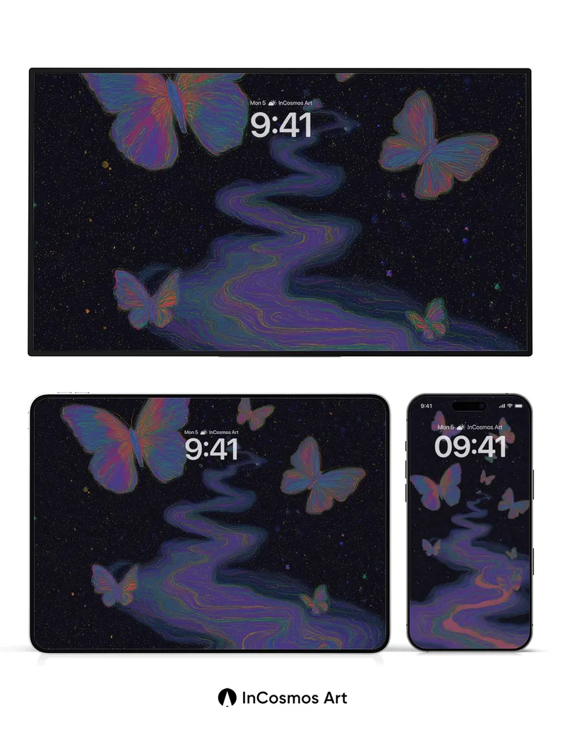 Cosmic Drift Wallpaper with Iridescent Wings