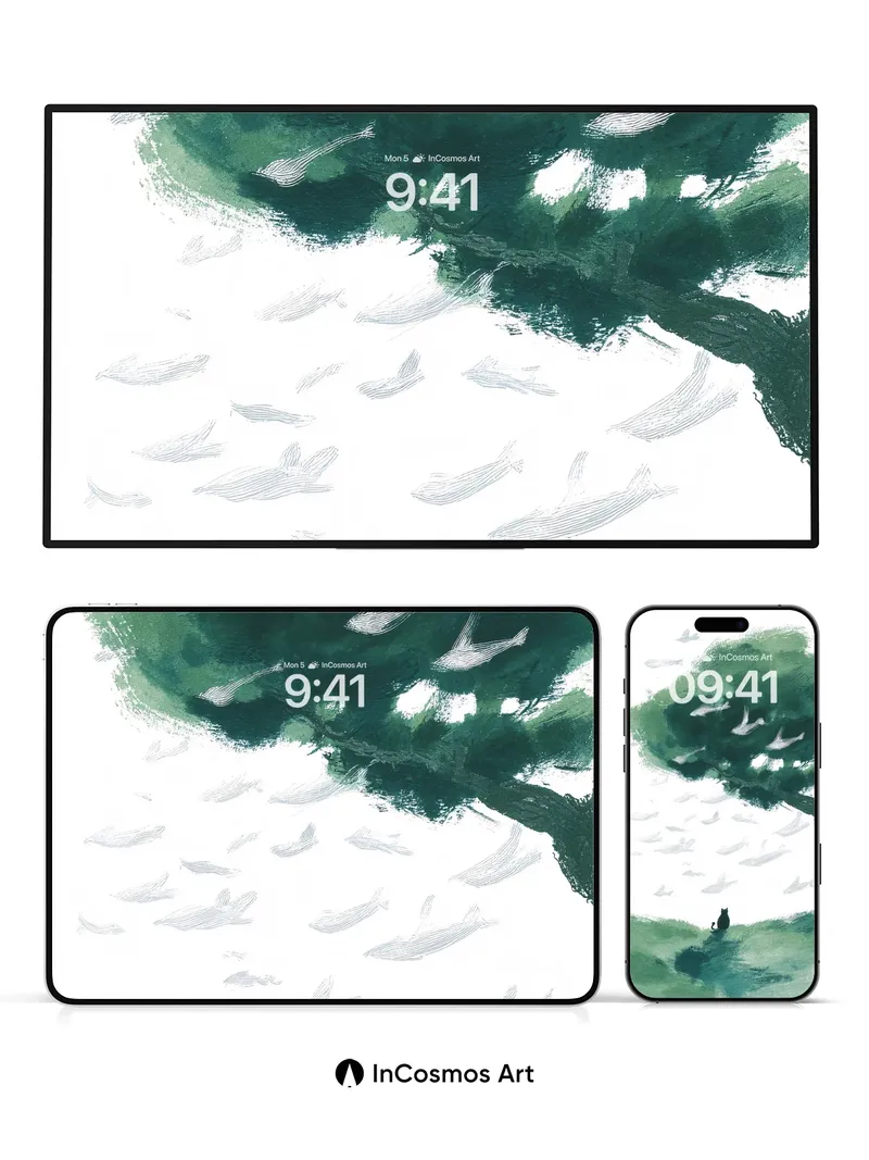 Serenity Tree Wallpaper with Floating Fish